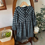  MQTIME  -  Retro Cotton And Linen Long-Sleeved Plaid Dress Girls 2026 Spring New Chic Back Lace-up Loose Pleated Children's Dresses