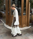 MQTIME  -  New Fashion Flounced Edge V-Neck Long Dress For Women Solid See-Through Lacing High Waist Dress Beach Style Female Maxi Dress