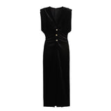 MQTIME  -  V-Neck Velvet Long Dresses Pleated Sexy Wide Shoulder Strap Waist Cinching Slim Fit Sleeveless Robes Gold Button Trend Dress