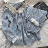 MQTIME  -  New Girl Long-sleeve Pant Pajama Set Spring Autumn Women Lady Lace Plaid Loungewear Casual 2-piece Set Woman Loose Homewear Teen