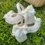 MQTIME  -  Comfortable Round Toe Block Heels Chunky Pumps Women's Lolita Bow Pearl Chain Embellished Low Heel Wedding Party Dress Shoes