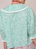  MQTIME  -  Price Women Print Peter Pan Collar Sweet Cotton Green Lace Stitching Blouse