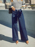  MQTIME  -  Women's Classic Blue High Rise Wide Leg Jeans - Stretch Jeans with Button Fly, Soft and Comfortable, Slim Fit Vintage Wash Jeans