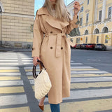 MQTIME  -  Fashion Causal Light Tan Autumn Winter Trench  Windbreaker Split Joint Elegant Long Sleeve Coat Plaid Long Women Coat with Belt