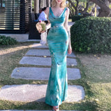 MQTIME  -  Butterfly Printed Swinging Collar Slip Long Dress Summer Slim Sleeveless Female Clothing Vacation Style Elegant Bag Hip Dresses