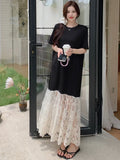 MQTIME  -  Summer New Patchwork Women  Loose Long Dresses Short Sleeve Korean Style Floral Hem Female Vestidos