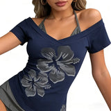 cAmerican Retro T-shirt Fashion Street Wear Halter Neck Fake Two T-shirt Harajuku Summer Casual Tees Ladies Y2K Hottie  T-shirts