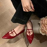 MQTIME  -  T-strap Pointed Toe Flats Shoes Women Bowtie Buckle Strap PU Leather Elegant Red Mary Janes Shoes Ladies Party Black Pumps