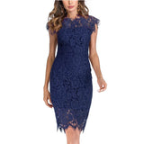 MQTIME  -  Lace Dress Ruffled Neck Slim Fit Party Dress Short Sleeve Hollow Out Elegant Wine Red Vestidos Femme Evening Robes