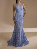 MQTIME  -  Party Dresses For Woman Sexy Halter Neck Backless Lace Fishtail Evening Dress Solid Color Sleeveless Slim Vestidos Elegant Robe