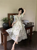 MQTIME  -  Gentle style floral bubble sleeved square necked dress for women's summer , waist cinched A-line long skirt, vacation style