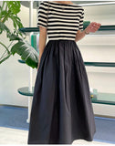 MQTIME  -  Korean Style Women's Summer Dress Block Color Striped Patchwork Female High Waist Long Dress with Pockets Lady Cotton Dresses