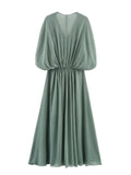 MQTIME  -  Pleated Elegant Summer Long Dress Women Batwing Sleeve Deep V-neck High Waist Street Thin Dresses Vacation 2025 New Slim Robe