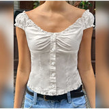 MQTIME  -  Fashion White Pleated Slim Fit Vest Women Elegant Puff Sleeve Square Neck Single Breasted Top 2025 Summer Street Female New Wear