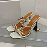 MQTIME  -  Square Sandals Women's Summer Roman Women's Shoes with Open-toed Rhinestone Slippers Women