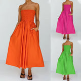 MQTIME  -  Fashion Sleeveless Pleated A-line Long Dress Summer Slash Neck High Waist Dresses Women Beach Spaghetti Strap Cloth