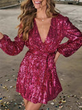  MQTIME  -  Elegant Women Luxury Formal Sequin V-Neck Mini Dress Fashion Long Sleeve Evening Ladies Street Party Vestidos Spring Summer