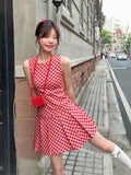 MQTIME  -  Y2k Red Sleeveless Tank Mini Dresses for Women Vintage Plaid Pleated Low Wasit Dress Summer Korean Cutecore Clothes Chic