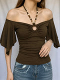  MQTIME  -  American Vintage Solid Beading Halter Short Sleeve All Match Slim-waist Top Female