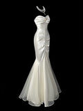 MQTIME  -  White Evening Dress Sleeveless Slim Fishtail Satin Strapless Sweetheart Neckline Celebrity Bridal Banquet Gown