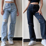 Mqtime new summer women's denim straight casual pants wide leg wash water hole mid waist denim smoke pipe pants women straight
