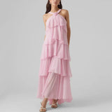 MQTIME  -  Women Ruffles Layered Dresses Summer Female Elegant Chiffon Backless Sleeveless Fluffy Long Dress Solid Color Lady Beach Robes