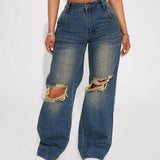MQTIME  -  Women Jeans Autumn Retro Hollow Out Washed Jeans Women's Knee Ripped Wide Leg Denim Pants