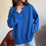 Mqtime Blue Basical O-Neck Slit Sweater Knitwear Women Autumn Long Sleeve Knitted Pullovers Loose-fit Casual Jumpers Clothing