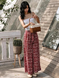 MQTIME  -  Bohemian Red Printed Beach Pants, Women'S Retro Ethnic Style High Waisted Slim Fit Vacation Wide Leg Long Pants