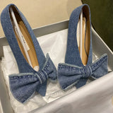 MQTIME  - New Designer Blue jeans bow flat shoes woman cloth patchwork flats sewing Pointed large bow denim loafers for women