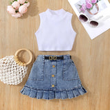MQTIME  -  2Piece Sets Summer Kids Clothes Girl Fashion Cotton Sleeveless Black Baby Tops+Denim Skirt Children Boutique Clothing BC1091