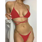 MQTIME  -  Sexy Chain Swimsuit Women Solid Color 2-Piece Bikini Triangle Cup Halter Backless Swimwear Low Waist Thong Bathing Suit