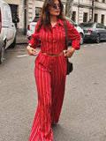 MQTIME  -  Striped Shirts Pants Sets Women 2 Pieces Single Breasted Long Sleeve Lapel Shirt Wide Leg Trousers Suits 2025 Summer Vacation