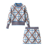 MQTIME  -  Women's Diamond Pattern Knitted Pullovers Skirt Set Casual O-neck Long Sleeve Sweater + Elastic Waist A-line Mini Skirt
