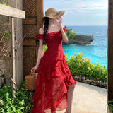 MQTIME  -  Summer Red Embroidery Eyelet Maxi Dress Women Square Neck Ruffle High Low Hem Long Dress Elegant Beach Vacation Sundress