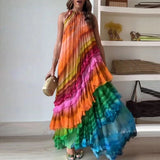 MQTIME  -  Elegant Striped Colorful Cake Party Dress Sexy Off Shoulder Banquet Draped Long Dress Formal Occasion Loose O-Neck Ruffles Dress