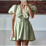 MQTIME  -  New European and American cross-border women's clothing wholesale women's bubble sleeve bow decoration elastic waist dress