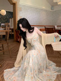 MQTIME  -  Summer Floral Printed Long Dress Women Patchwork Lace Chiffon Fairy Dress Casual Gold Stamping Bow Tie Suspender Dress