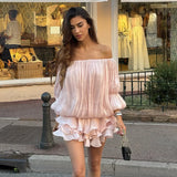 MQTIME  -  Fashion Women's Off Shoulder Mini Dress Pleated Shiny Elegant Romantic Luxury Party Evening Gala Dress Female Dress