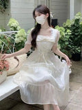MQTIME  -  Women Dresses Square Collar Bow Bandage Ribbon Puff Short Sleeve Bow Princess Sweet Elegant Female Dress Casual