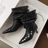  MQTIME  -  Autumn Winter Retro Soft Leather Weave Strap Women Ankle Boots Fashion Rivet Button High heels Slip-on Western Short Boots Shoes