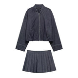 MQTIME  -  Women Pleated Skirt Set 2 Piece Autumn Women Denim Bomber Jacket Hight Street Side Zipper Sexy Short Skirt Set Women Outfit