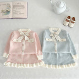 MQTIME  -  Spring Autumn Children's Clothing Set 1-5Y Girls Plaid Knitted Sweater and Skirt 2Pcs Trendy Girls Bow Cardigan Outfit