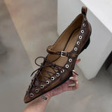 MQTIME  -  Pointed Toe Flat Bottomed Ballet Single Shoes Punk Style New Fashionable Women Shoes rivet strap bow Handmade Shoe