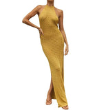  MQTIME  -  European and American Split Knitted Hollow Neck Sling Sexy Backless Beach Skirt Long Skirt Women Cw56695
