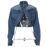 MQTIME  - Women Jeans Cardigan Turn Down Collar Long Sleeve Pockets Single Button Short Denim Jackets Crop Tops Female Casual Coats