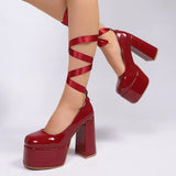 MQTIME  -  Sexy Hot Pink Platform Super High Heel Pumps Women Summer Ribbon Ankle Strap Mary Jane Shoes Woman's Nightclub Spicy Shoes