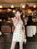 MQTIME  -  French Sweet Coquette Off-the-Shoulder Dress Women Red Floral Print Ruffle Trim Ruched Waist Slim Fit Mini Dress Elegant Outfit