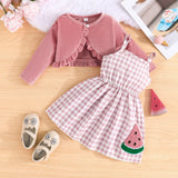 MQTIME  -  2Piece Sets Spring Autumn Infant Girl Clothes Korean Cute Cartoon Plaid Long Sleeve Cotton Tops+Dress Baby Newborn Items B022