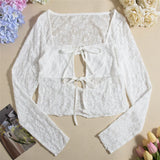 MQTIME  -  Women's Skirts Outfits Lace Low-Cut Tie-Up Front Long Sleeve Ruffles Crop Tops Mini Skirt 2 Pieces Clothes Dress Set Summer